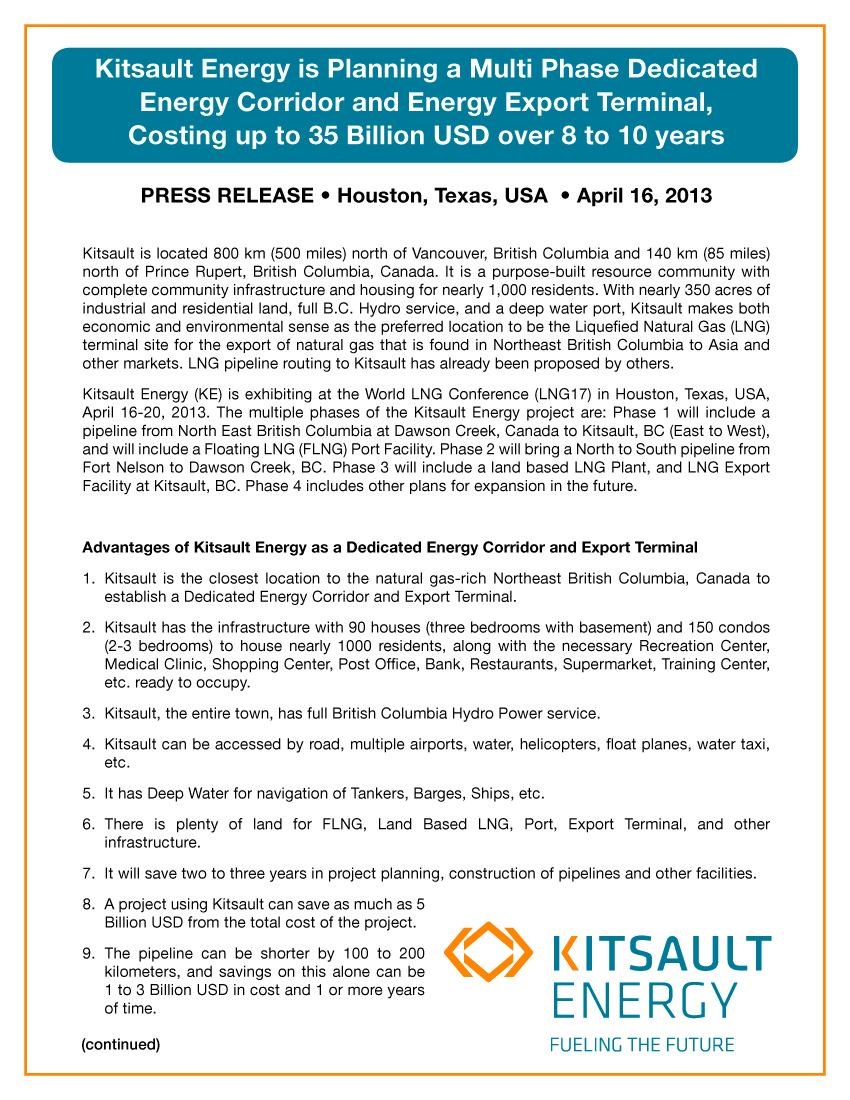 Kitsault Energy Press Release